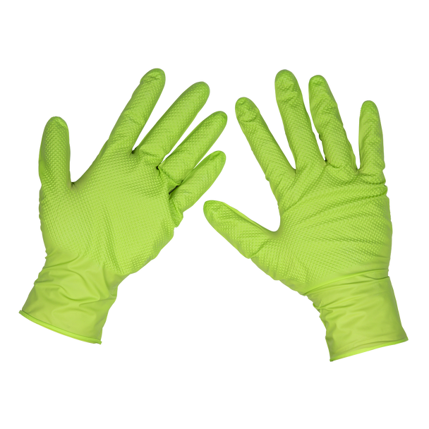 Sealey SSP54L ⏐ Diamond Grip Extra-Thick Nitrile Powder-Free Gloves, Hi-Vis Green, Large - Pack of 50