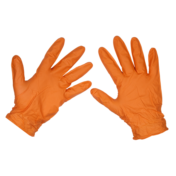 Sealey SSP56L ⏐ Diamond Grip Extra-Thick Nitrile Powder-Free Gloves, Orange, Large - Pack of 50