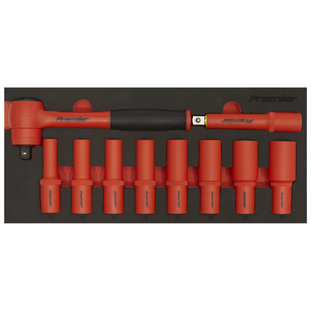 Sealey TBTE11 ⏐ Premier Insulated Socket Set with Tool Tray 1/2"Sq Drive 10pc - VDE Approved
