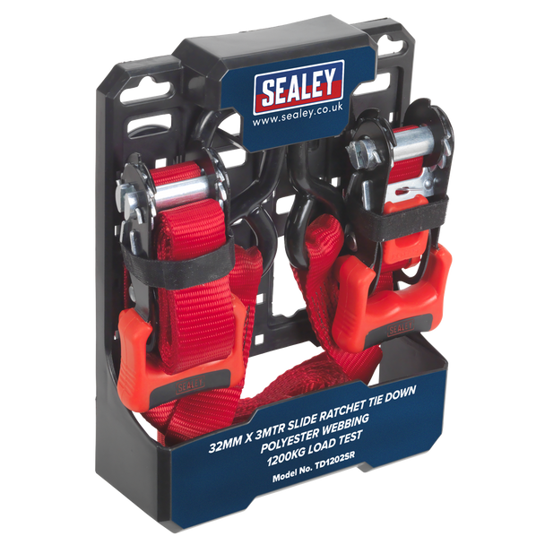 Sealey TD1202SR ⏐ Slide Ratchet Strap Polyester Webbing with S-Hooks 32mm x 3m 1200kg Breaking Strength