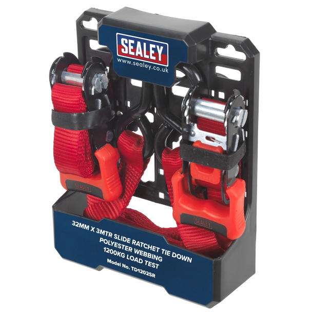 Sealey TD1202SR ⏐ Slide Ratchet Strap Polyester Webbing with S-Hooks 32mm x 3m 1200kg Breaking Strength