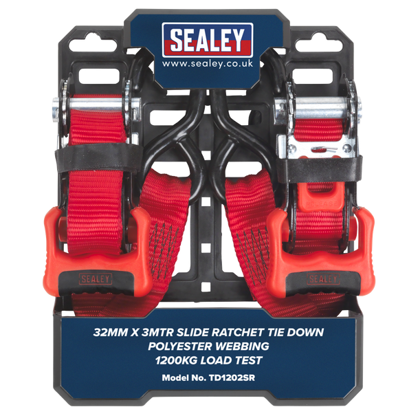 Sealey TD1202SR ⏐ Slide Ratchet Strap Polyester Webbing with S-Hooks 32mm x 3m 1200kg Breaking Strength