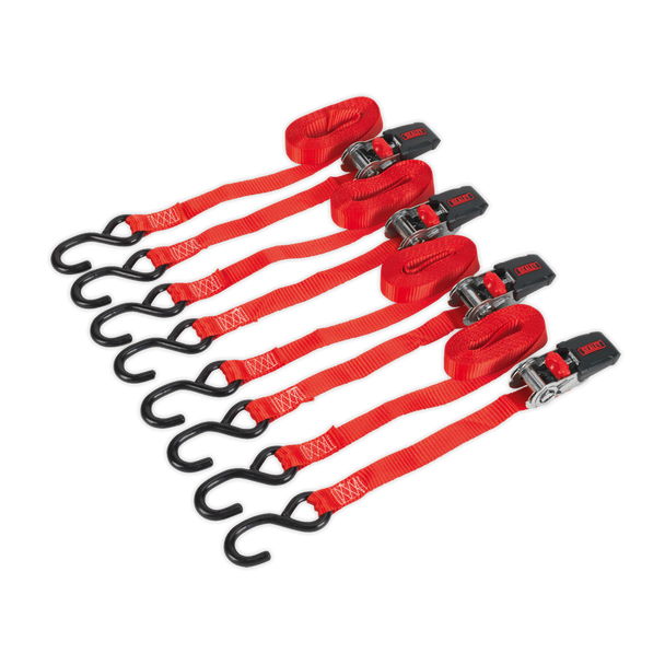 Sealey TD484SD ⏐ Ratchet Strap Polyester Webbing with S-Hooks 25mm x 4m 800kg Breaking Strength - 2 Pairs
