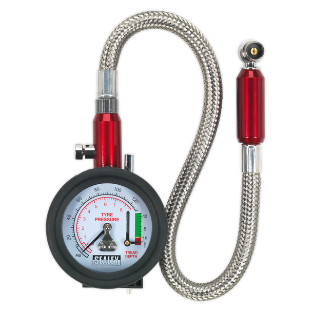 Sealey TSTPDG02 ⏐ Tyre Pressure Gauge & Tyre Tread Depth Gauge with Flexible Hose 0-8bar(0-120psi)