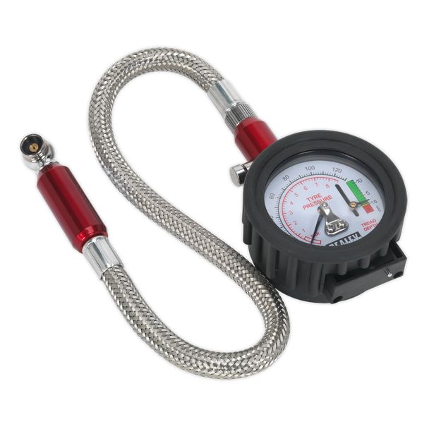 Sealey TSTPDG02 ⏐ Tyre Pressure Gauge & Tyre Tread Depth Gauge with Flexible Hose 0-8bar(0-120psi)