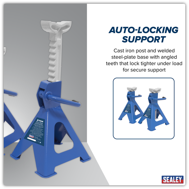 Sealey VS2002BL ⏐ Ratchet Type Axle Stands (Pair) 2 Tonne Capacity per Stand - Blue