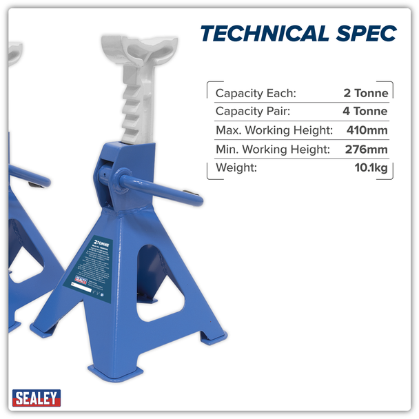 Sealey VS2002BL ⏐ Ratchet Type Axle Stands (Pair) 2 Tonne Capacity per Stand - Blue