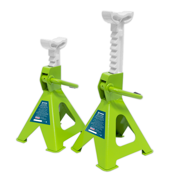 Sealey VS2002HV ⏐ Ratchet Type Axle Stands (Pair) 2 Tonne Capacity per Stand - Hi-Vis Green