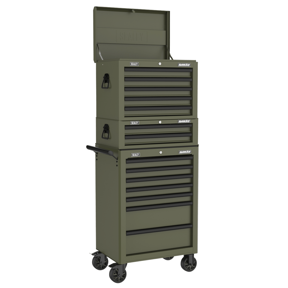 Sealey APSTACKTK | Superline PRO® Topchest, Mid Box Tool Chest & Rollcab Combination 14 Drawer – Khaki