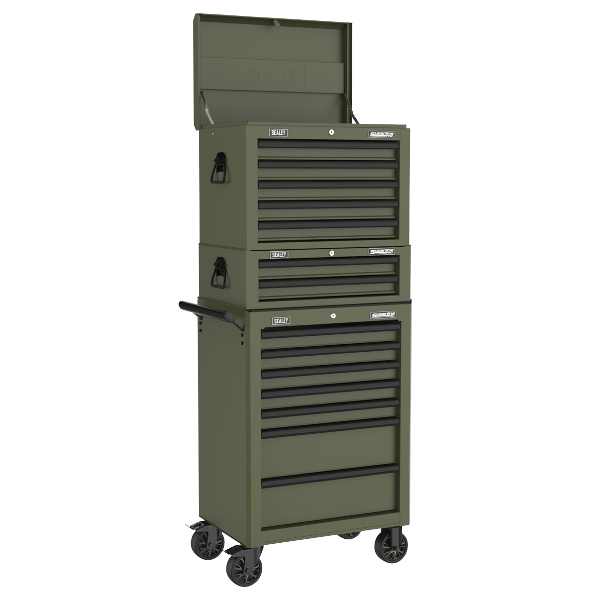 Sealey APSTACKTK | Superline PRO® Topchest, Mid Box Tool Chest & Rollcab Combination 14 Drawer – Khaki